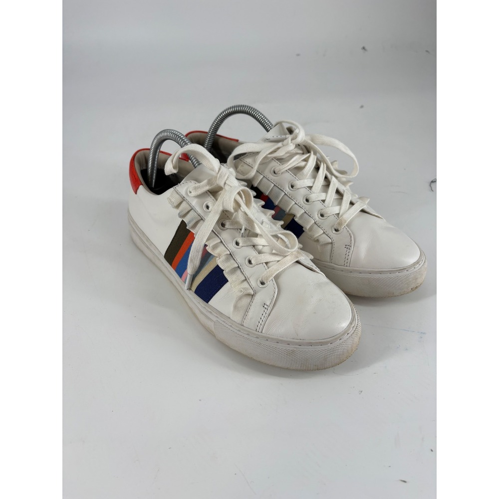 Tory Sport White Leather Ruffle Striped Sneakers 9.5M 56482 Low Top Trainers
